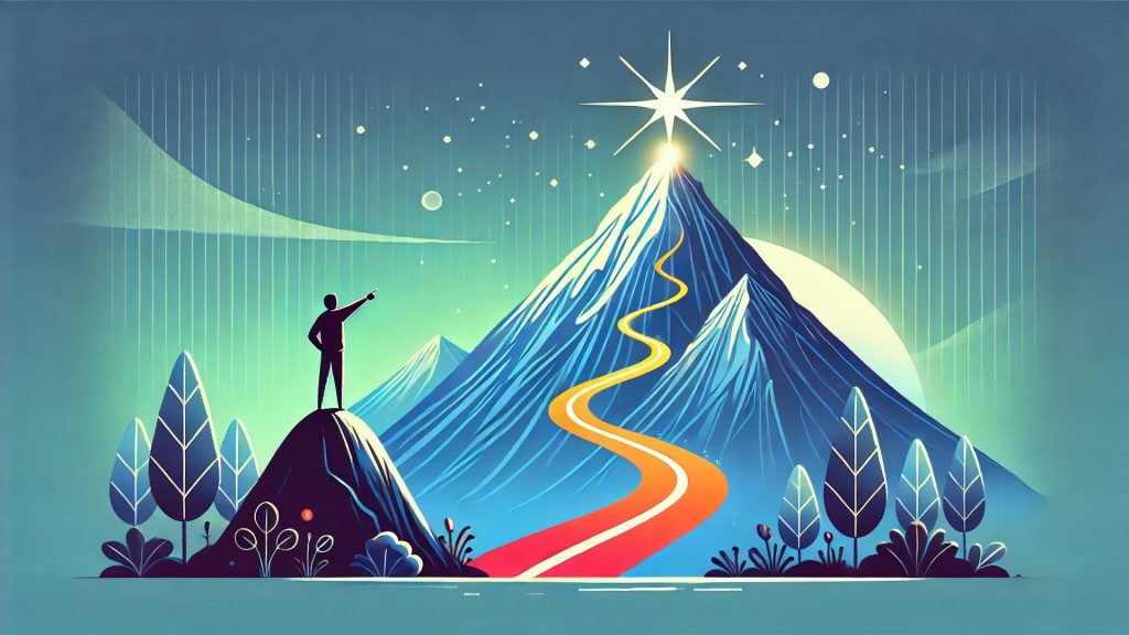 A person pointing to a glowing mountain with a star at the peak, symbolizing ambition.