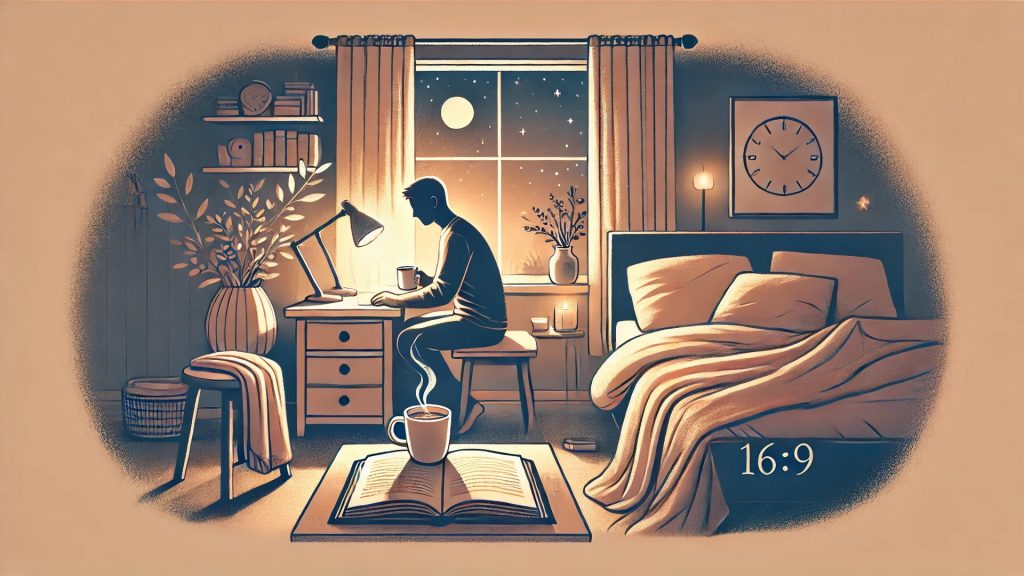 A person preparing for bed with tea, a journal, dim lighting, and a serene night sky.