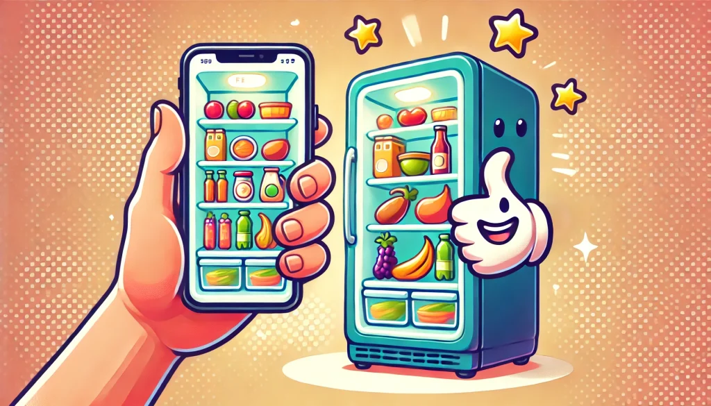 A cheerful cartoon fridge with shelves clearly stocked, and a hand holding a glowing phone showing a picture of the fridge interior, illustrated in a playful and vibrant style, 16:9 aspect ratio, fun and colorful.