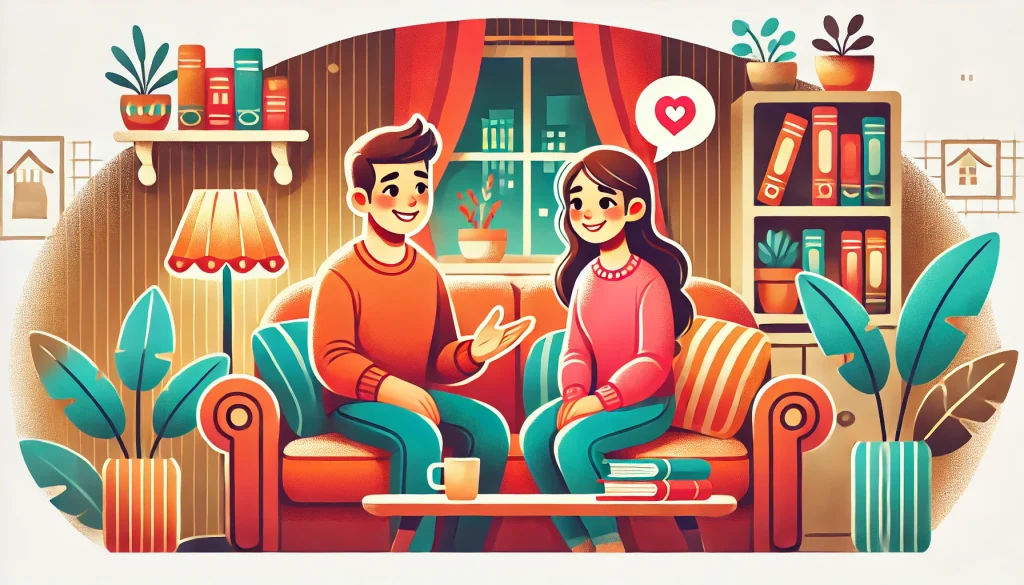 A close-up illustration of two people sitting on a cozy couch, sharing personal stories and smiling warmly. The setting features a warmly lit living room