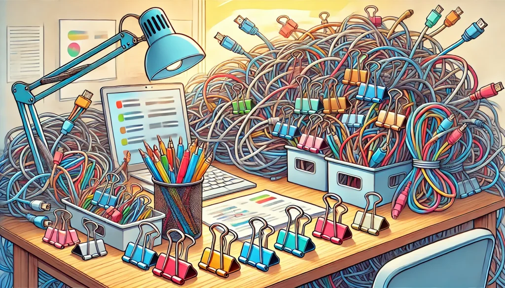 A desk with neat, colorful binder clips organizing cables while the background shows a messy tangle of cables fading away, illustrated in a clean and cheerful style, 16:9 aspect ratio, highly detailed and organized illustration.