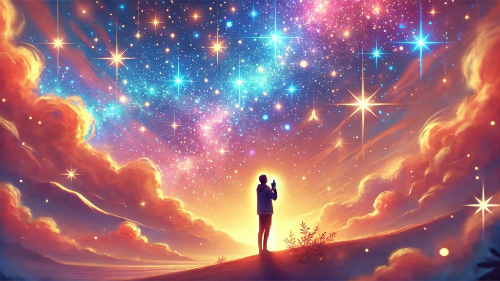 A dreamy, uplifting illustration of a person standing under a sky filled with glowing, colorful stars, with their hands pressed together in a thankful gesture. The scene radiates warmth, positivity, and a peaceful atmosphere, rendered in a soft, ethereal style with a 16:9 aspect ratio.