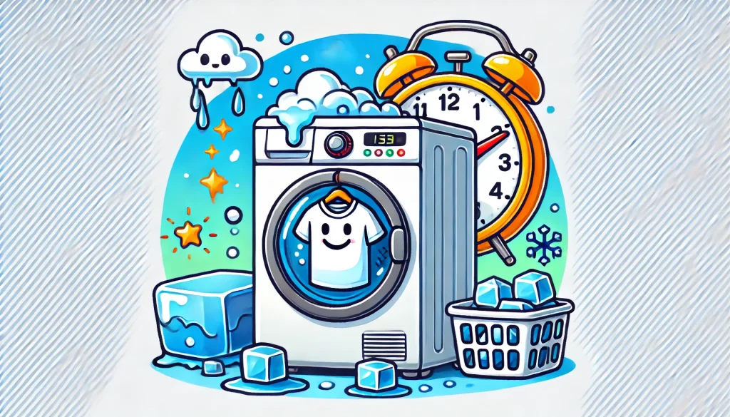 A dryer with a shirt hanging inside and a few melting ice cubes illustrated with steam rising, with a smiling clock in the background signaling saved time, in a clean and colorful illustration style, 16:9 aspect ratio.