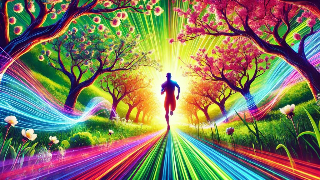 A dynamic and colorful scene of a person running on a lush green path surrounded by blooming trees, with vibrant energy lines flowing around them. The scene symbolizes health, vitality, and a commitment to fitness, rendered in an energetic, uplifting style with a 16:9 aspect ratio.