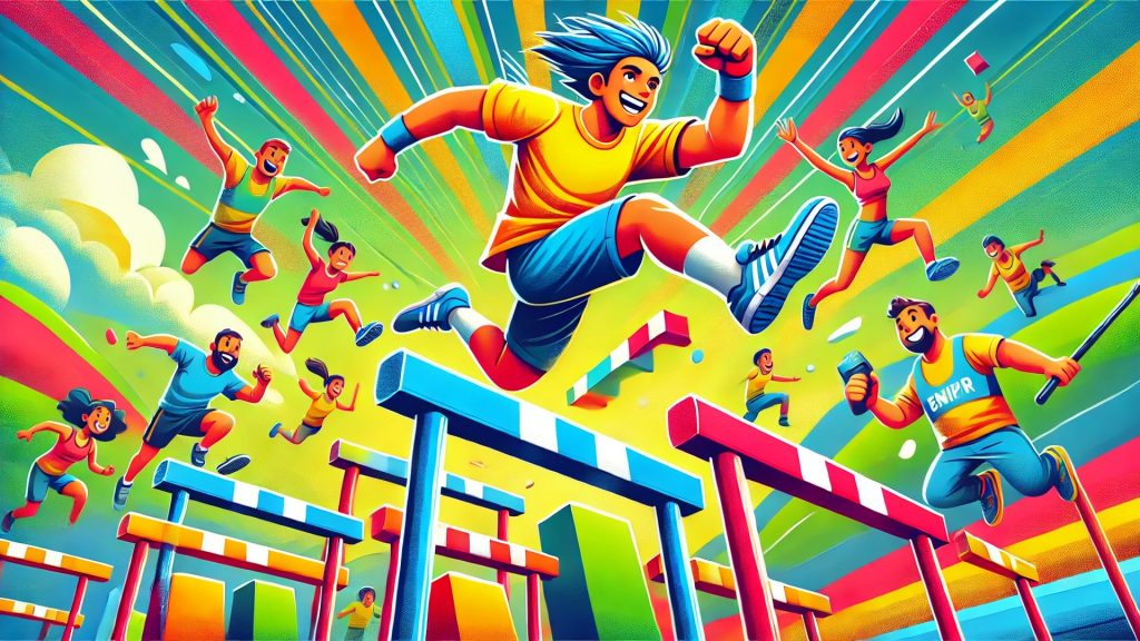 A runner on an obstacle course leaping hurdles and cheered by cartoon characters.