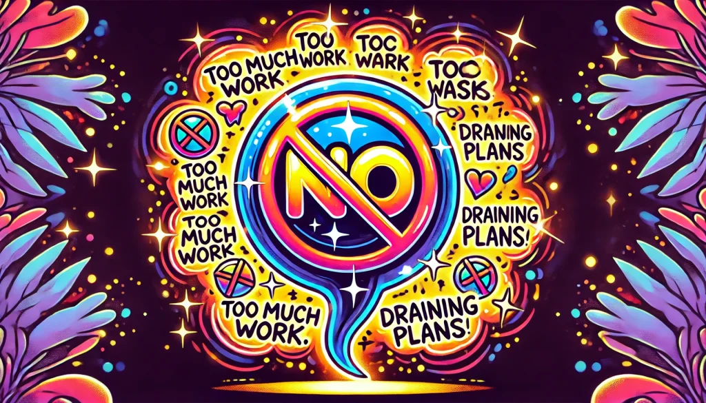 A glowing speech bubble with the word 'NO' in bold, surrounded by crossed-out toxic tasks like 'Too Much Work' and 'Draining Plans,' drawn in a vibrant and empowering illustration style, 16:9 aspect ratio, bold and colorful.