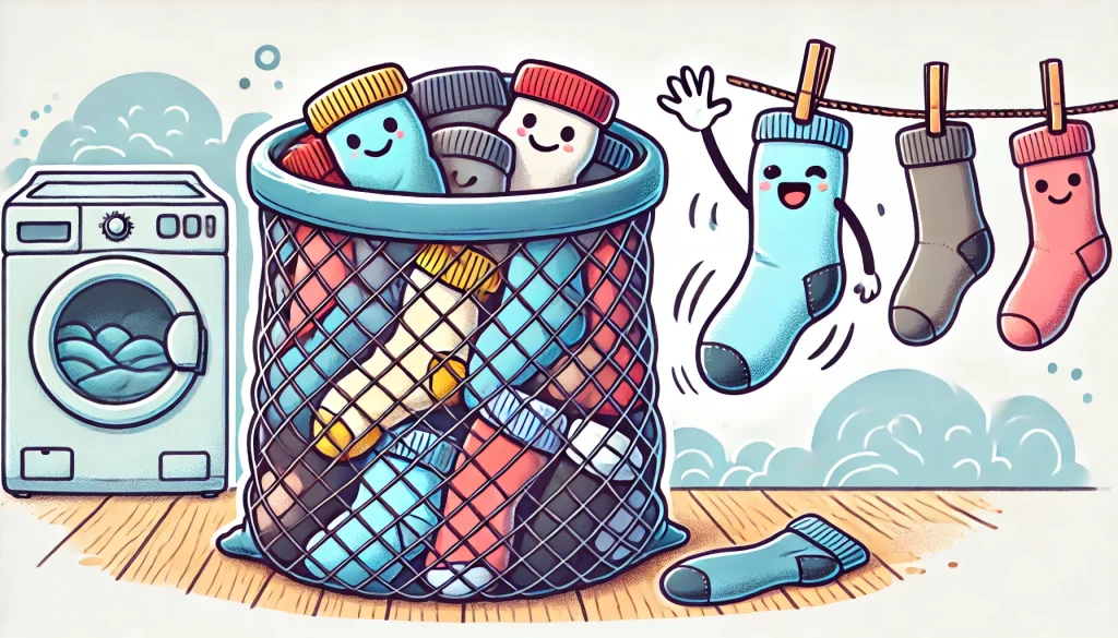 A mesh laundry bag with socks peeking out, happily paired, while a sad, lone sock waves goodbye in the background, in a humorous and colorful illustration style, 16:9 aspect ratio, playful and detailed.