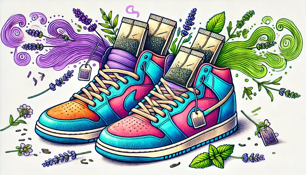 A pair of colorful sneakers with tea bags placed inside, emitting fragrant swirls of lavender and mint into the air, drawn in a fresh and fun illustration style, 16:9 aspect ratio, whimsical and vibrant.