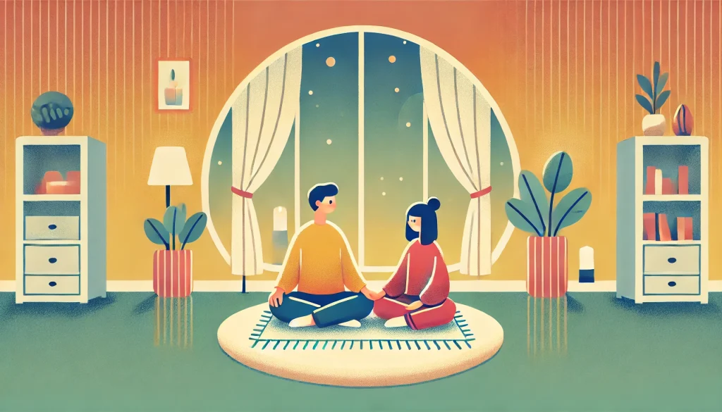 A peaceful and intimate cartoony illustration of two people sitting cross-legged on a soft rug in a minimalistic, warmly lit room.