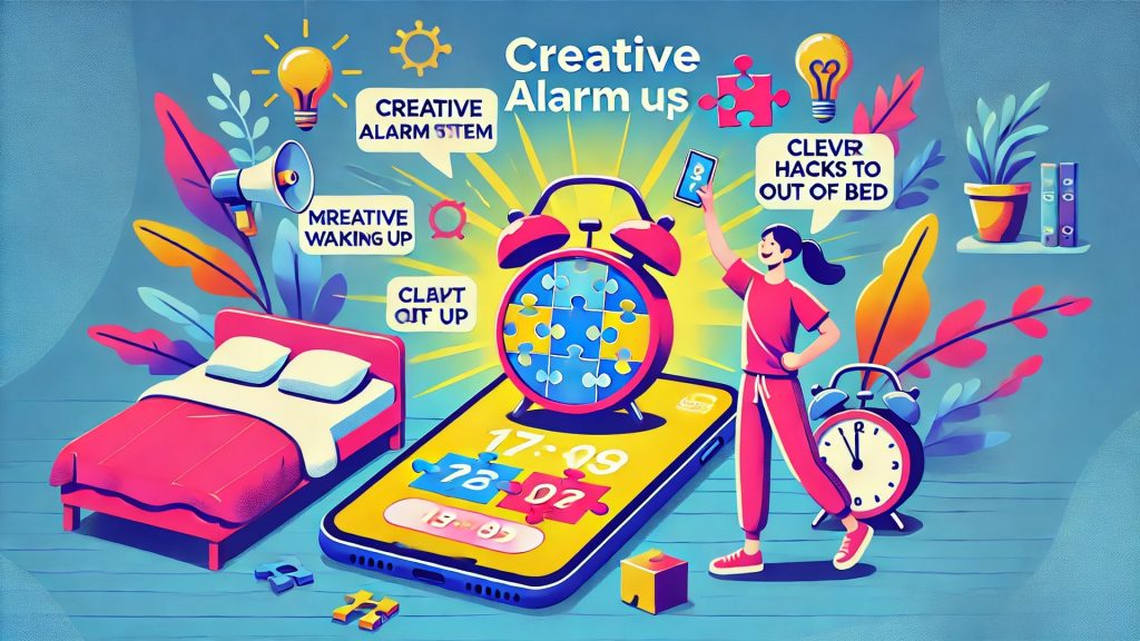 A playful scene of a person turning off a creative alarm setup with motivational puzzles.