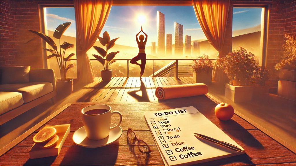 A serene and motivational scene showing a morning setup: yoga on a sunny balcony, a to-do list on a table, a cup of coffee, and a view of the city waking up. Everything is bathed in warm, golden light, creating an inspiring atmosphere. Rendered in a calming, vibrant style with a 16:9 aspect ratio.