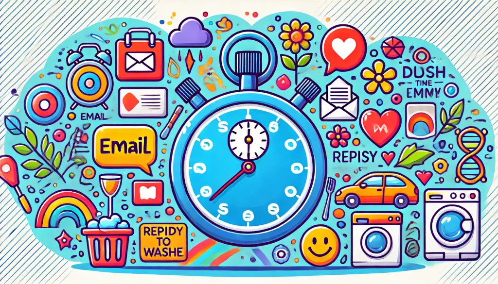 A stopwatch with vibrant colors surrounded by icons of tasks like an email, a dish being washed, and a smiling text bubble representing replying to messages, drawn in a fun illustration style, 16:9 aspect ratio, colorful and lively.