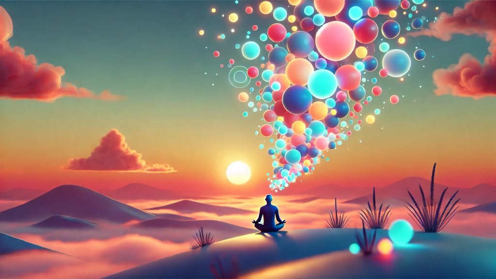 A tranquil, minimalist depiction of a person sitting cross-legged on a mountaintop during sunset, surrounded by glowing, colorful orbs that represent peaceful thoughts floating away. The atmosphere is serene, meditative, and calming, rendered in a minimalist, ethereal style with a 16:9 aspect ratio.