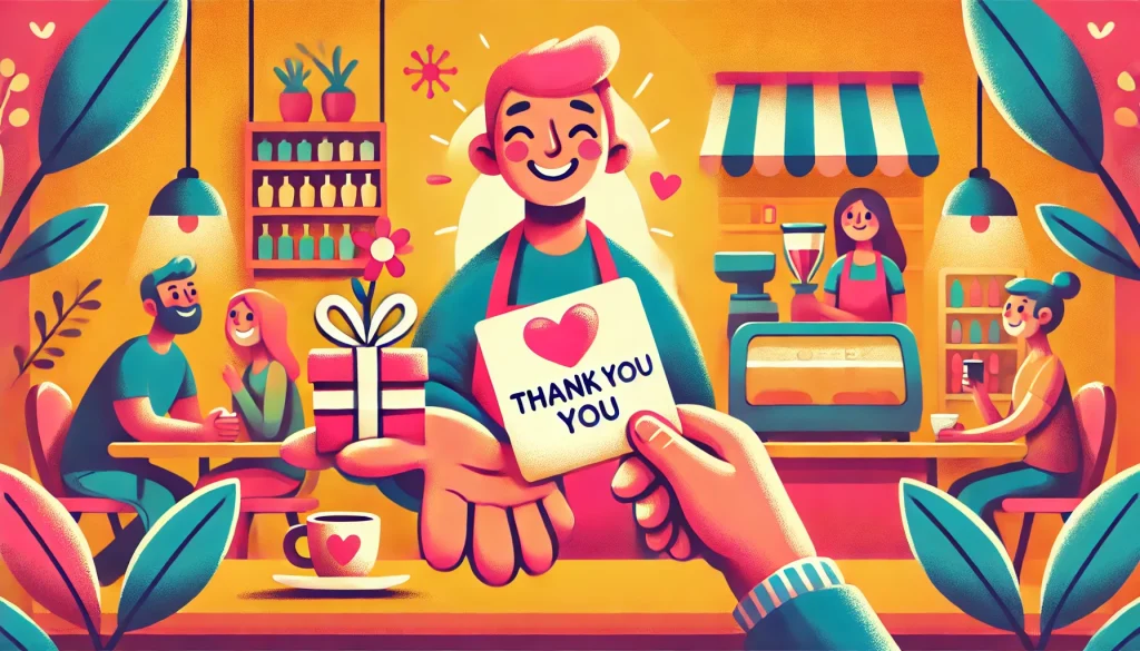 A vibrant and cheerful cartoony illustration of a person handing a heartfelt thank-you note or a small gift to another person, with both individuals