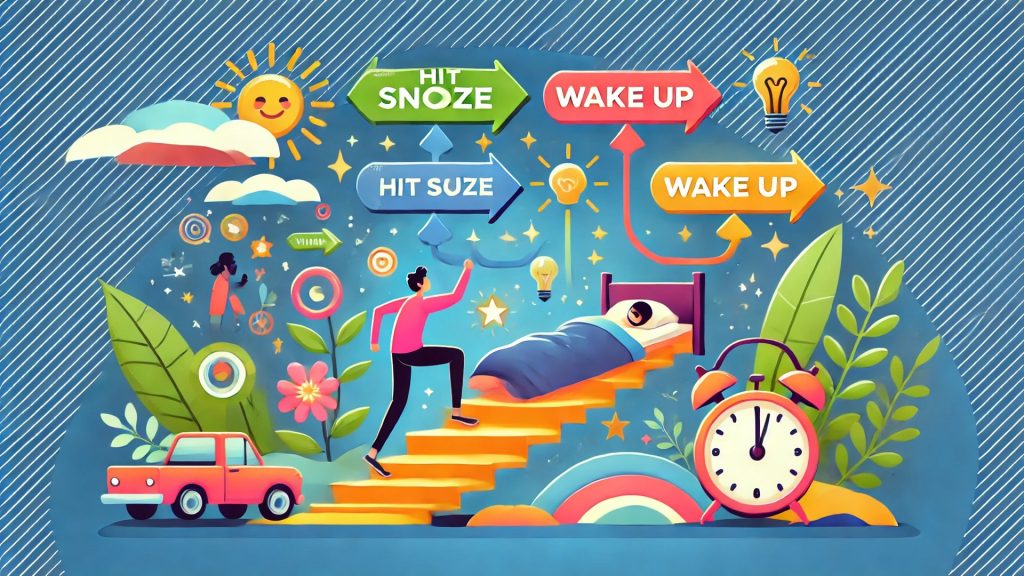 A decision tree showing wake-up challenges, with a person choosing a positive path surrounded by icons of success.