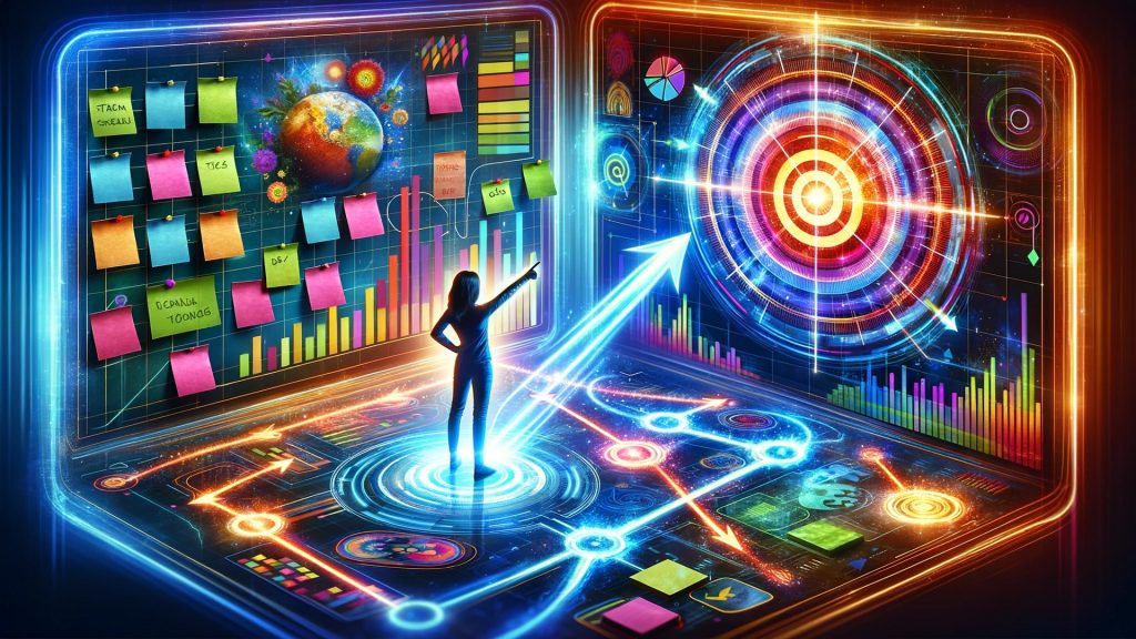 A vibrant, futuristic board filled with colorful sticky notes, charts, and to-do lists. A person confidently pointing at their written goals, with glowing arrows and pathways visually leading to a radiant target symbolizing success. The scene is dynamic and inspiring, rendered in a futuristic, energetic style with a 16:9 aspect ratio.