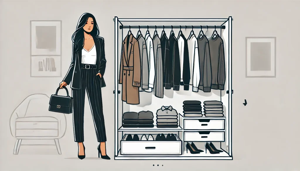 A wardrobe with neatly organized clothes in harmonious colors (blacks, whites, grays), and a person looking confident in a stylish outfit, drawn in a minimalistic and clean illustration style, 16:9 aspect ratio, elegant and organized.