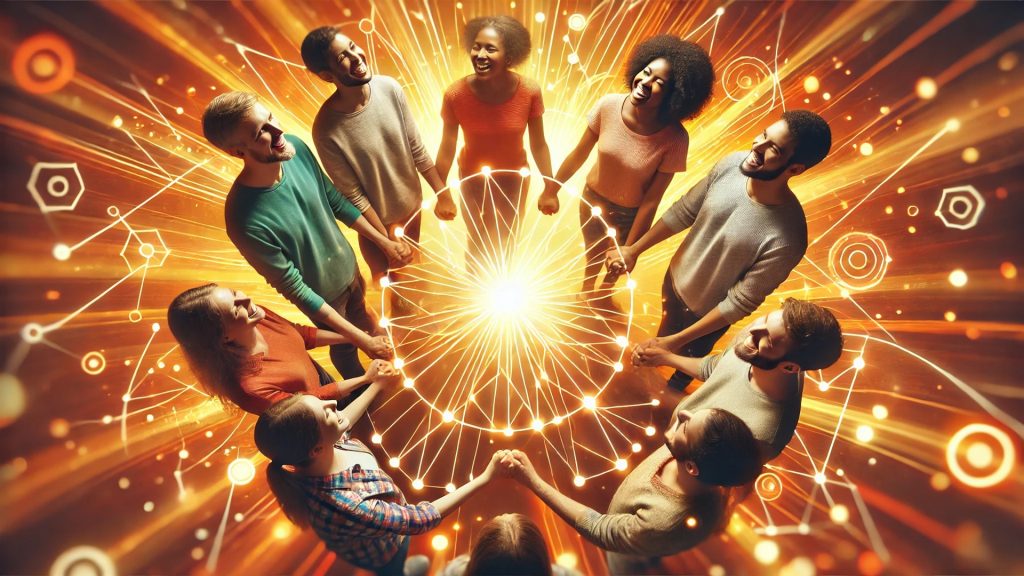 A warm and cheerful image of a diverse group of people in a circle, holding hands and smiling. Bright, connecting energy lines flow between them, symbolizing strong and supportive relationships. The scene radiates warmth, positivity, and connection, rendered in an uplifting, inclusive style with a 16:9 aspect ratio.