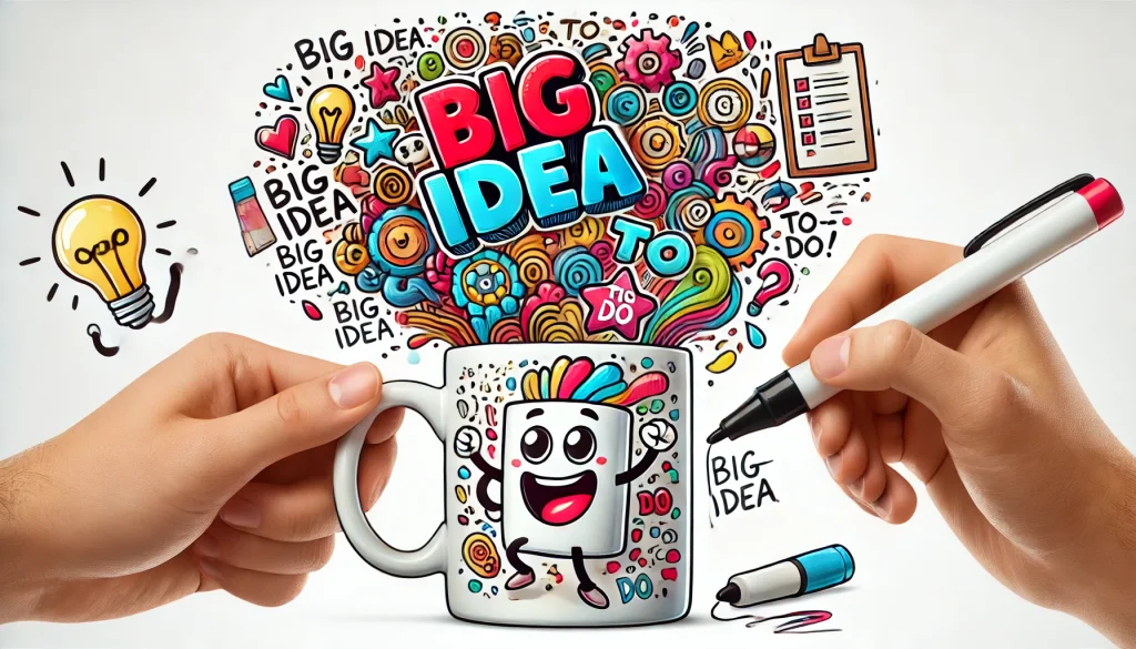 A white coffee mug with colorful dry-erase doodles and notes like 'Big Idea' and 'To-Do' next to an excited character holding a marker, drawn in an engaging illustration style, 16:9 aspect ratio, vibrant and fun.