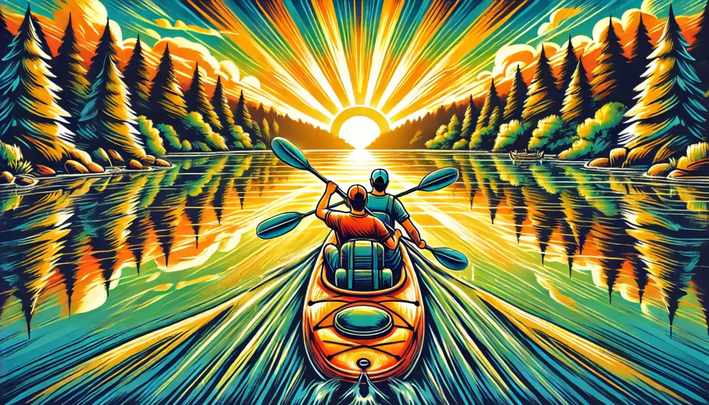 An energetic and cartoony illustration of two friends or a couple kayaking on a serene lake during sunset. The water reflects the golden sky, surround