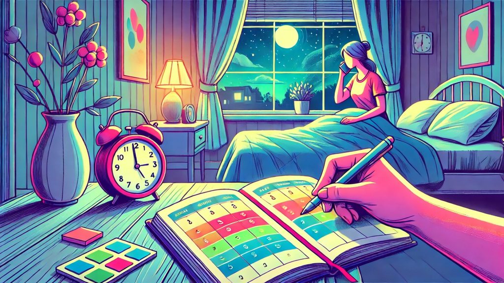 A person journaling their sleep schedule, with a clock and cozy bedroom under a night sky.