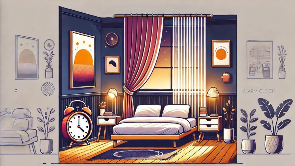 A cozy bedroom with blackout curtains, soft lighting, and a sunrise alarm clock.