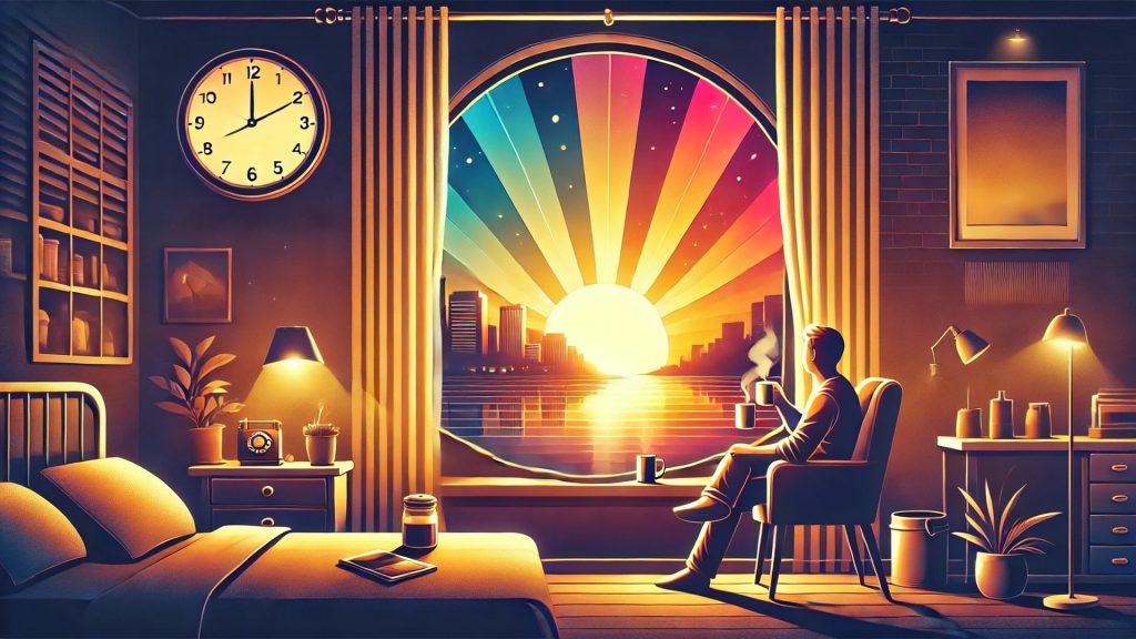 An illustration of a glowing sunrise casting colorful rays over a calm cityscape. An early riser is sitting by a window, sipping coffee, and enjoying the serene morning atmosphere. The background shows a clock displaying 5:30 AM, all elements surrounded by a peaceful, golden glow. Rendered in a soft, warm, and inviting style with a 16:9 aspect ratio.