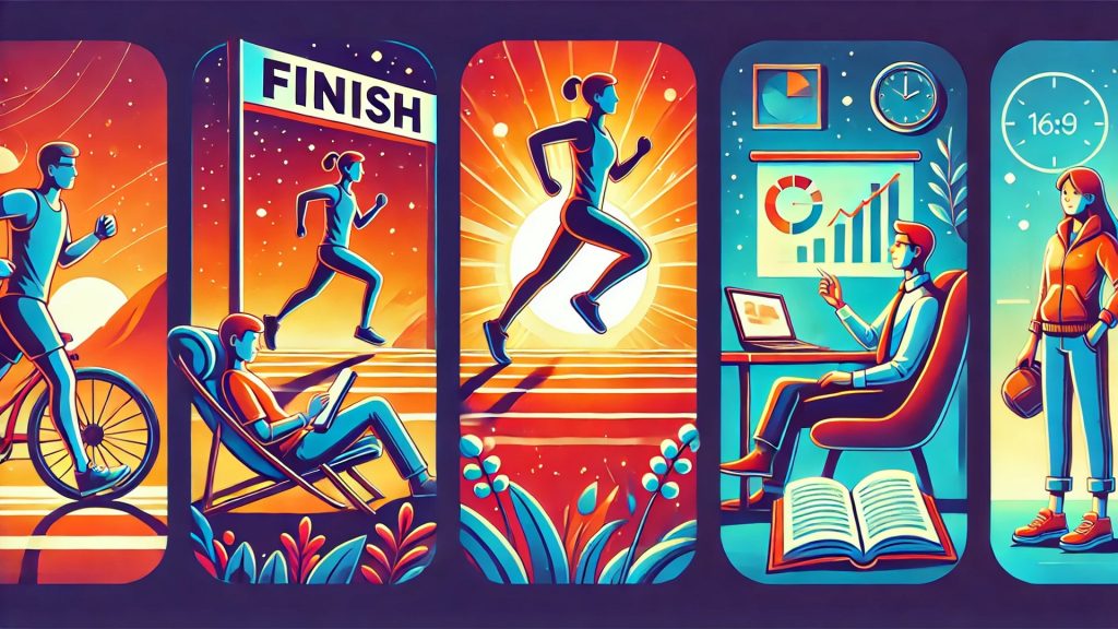 Three glowing scenes: running to a finish line, giving a presentation, and reading.