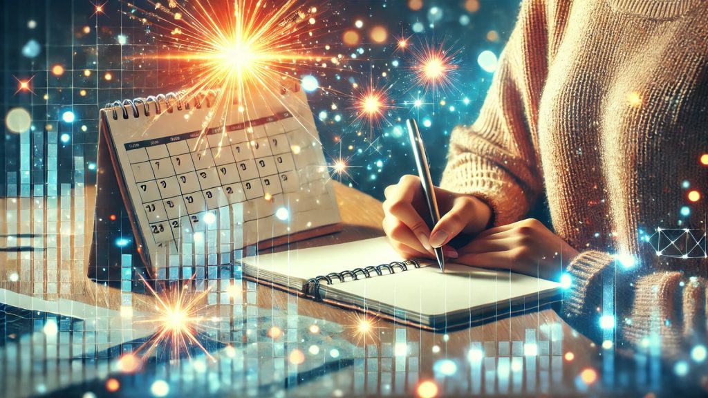 An inspiring image of a person writing in a journal at their desk, with a glowing calendar and charts in the background. Bright sparkles highlight their focused and reflective demeanor, symbolizing progress and clarity. The atmosphere is motivational and serene, rendered in a vibrant, thoughtful style with a 16:9 aspect ratio.