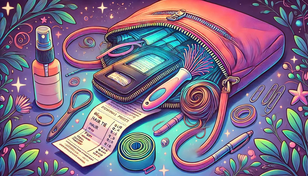 An open bag spilling random items like a hair tie, receipt, pen, and a glowing wallet with a tidy essentials pouch beside it, illustrated in a vibrant and colorful style, 16:9 aspect ratio, highly detailed, whimsical illustration.