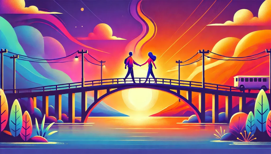 An uplifting and cartoony illustration of two individuals walking hand-in-hand across a scenic bridge at sunset, symbolizing the metaphor of building