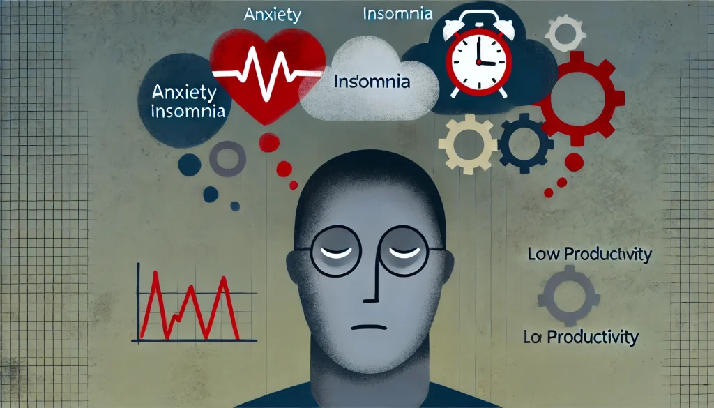 Illustration of a distressed person surrounded by icons of anxiety, insomnia, stress, and fatigue, symbolizing the mental and physical health effects of overthinking