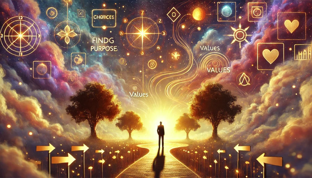 Surreal image of a lone figure on a path with symbols of choices and values, representing purpose and personal growth.