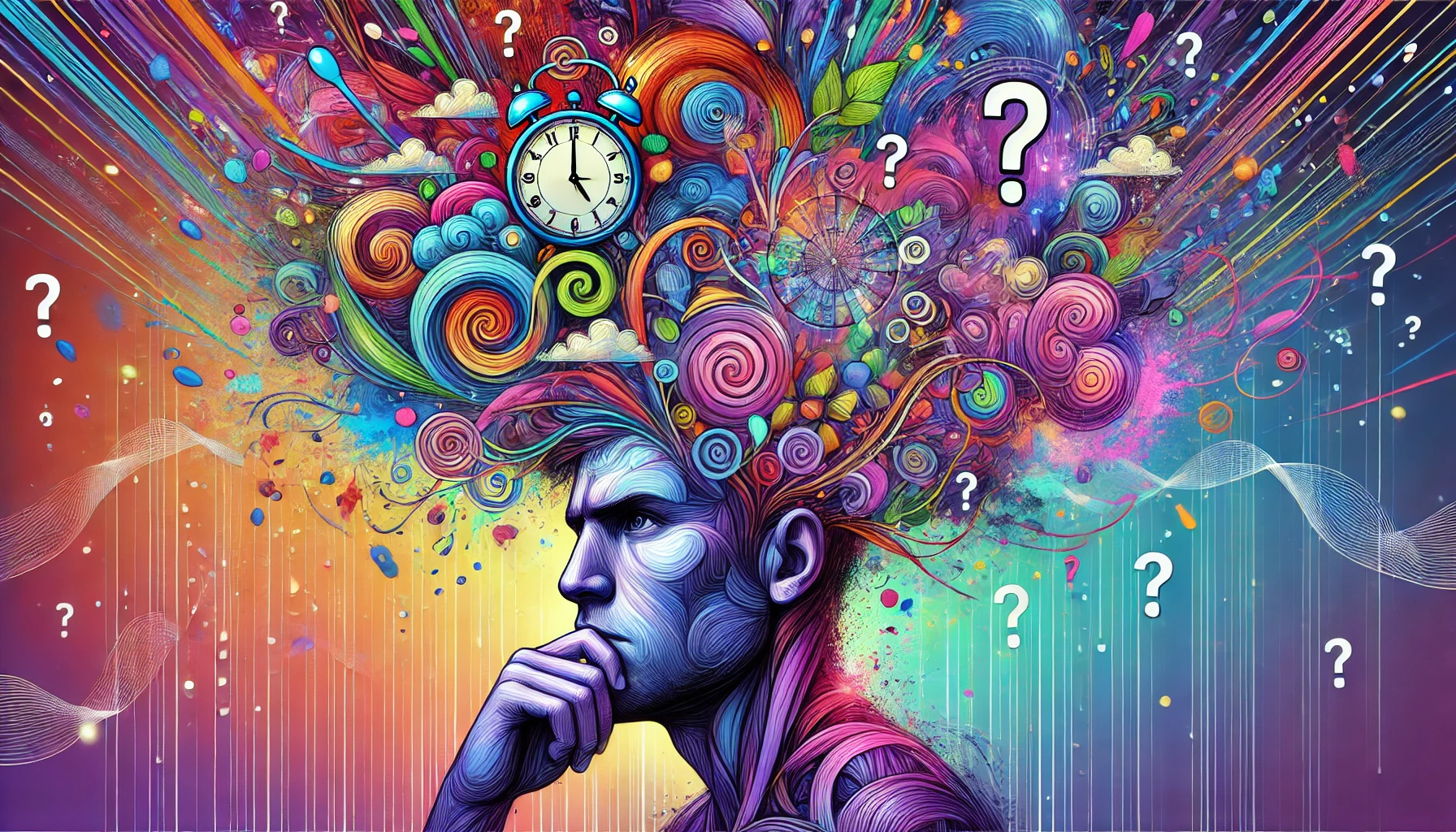 A vibrant illustration of a person deeply engaged in overthinking, with a thoughtful yet distressed expression. Colorful abstract thought bubbles, swirling lines, and chaotic shapes surround their head, symbolizing racing thoughts and mental clutter. The background features a gradient of purples, blues, and pinks, contrasting with intense mental imagery, including faint symbols like clocks and question marks, emphasizing the overwhelming nature of rumination.