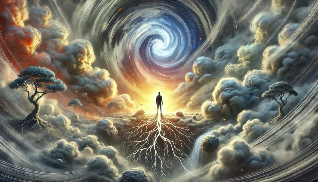 Surreal image of a rooted figure standing amidst swirling clouds and chaos, symbolizing grounding and resilience.