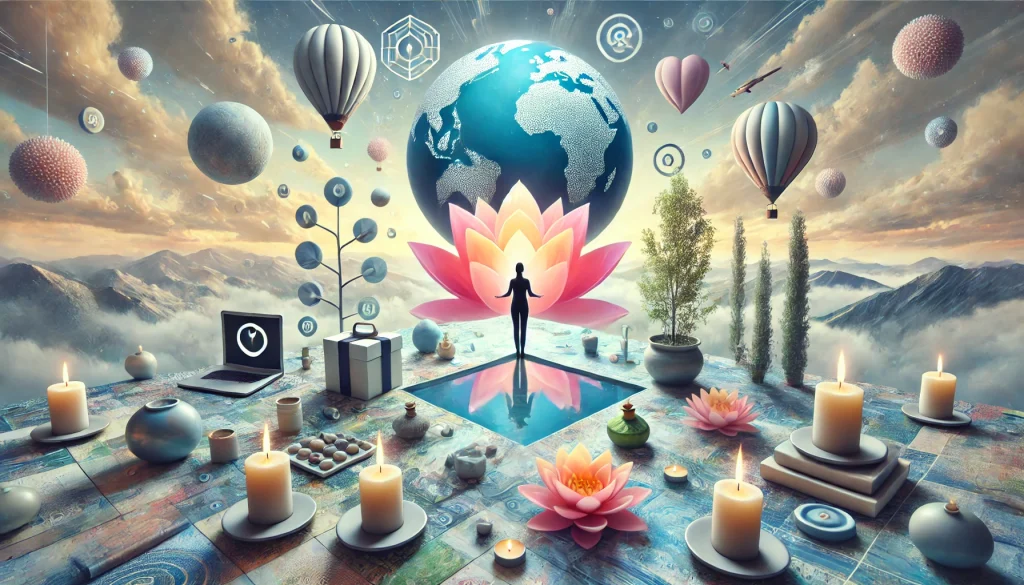 Surreal image of a peaceful figure surrounded by symbols of mindfulness and self-care in a calming abstract landscape.