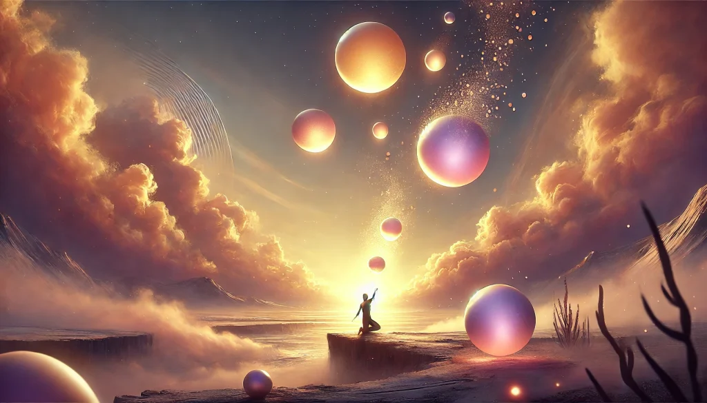 Surreal image of a figure releasing glowing orbs into the sky, symbolizing forgiveness and emotional release.