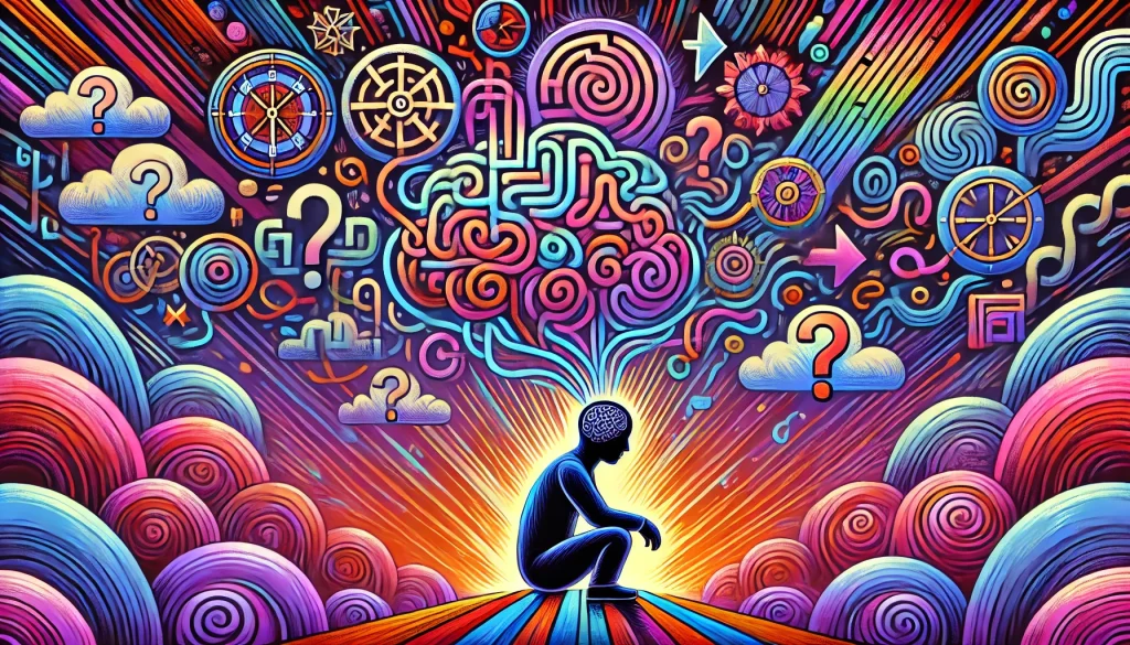 'The Overthinking Trap,' depicting a person surrounded by colorful, maze-like patterns symbolizing looping thoughts and mental entrapment. The person appears caught in a mental struggle, with intricate, abstract shapes, clocks, and question marks around their head, representing cycles of worry and overthinking. The background transitions from deep blues and purples to lighter pinks and oranges, creating a striking contrast that highlights the feeling of being trapped in overwhelming thoughts