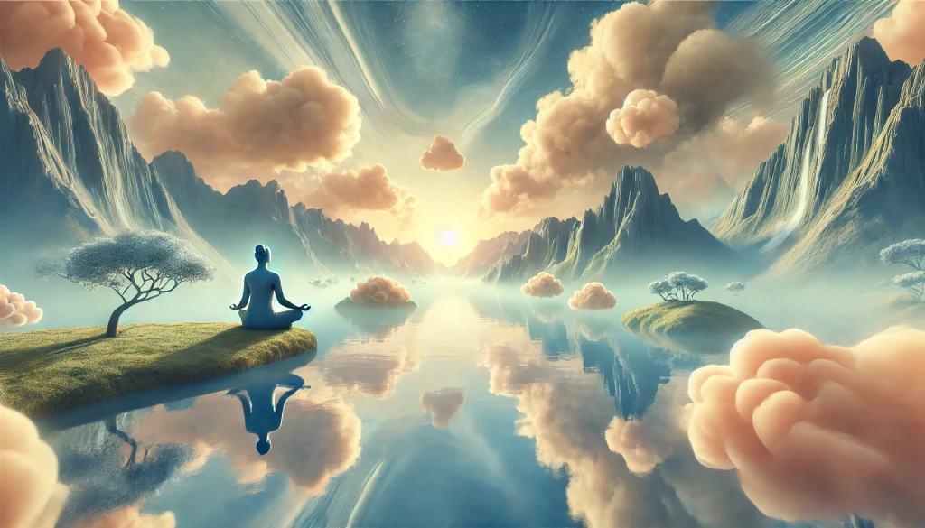 Surreal image of a meditative figure in a serene landscape with floating elements, symbolizing tranquility and self-reflection.