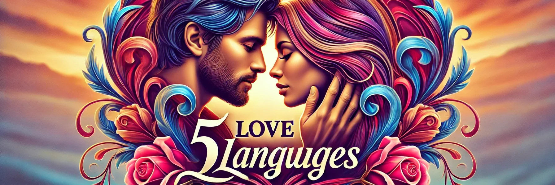 A realistic and eye-catching design of a heart symbolizing love. To the left of the heart, the phrase '5 love languages' is written in a soft and elegant English font. To the right of the heart, a romantic couple—a man and a woman—are depicted, their foreheads touching, eyes closed in a tender embrace. The style is realistic, vibrant, and colorful, with intricate details and a harmonious color palette. The background is a colorful gradient with a blurred effect, enhancing the romantic atmosphere.