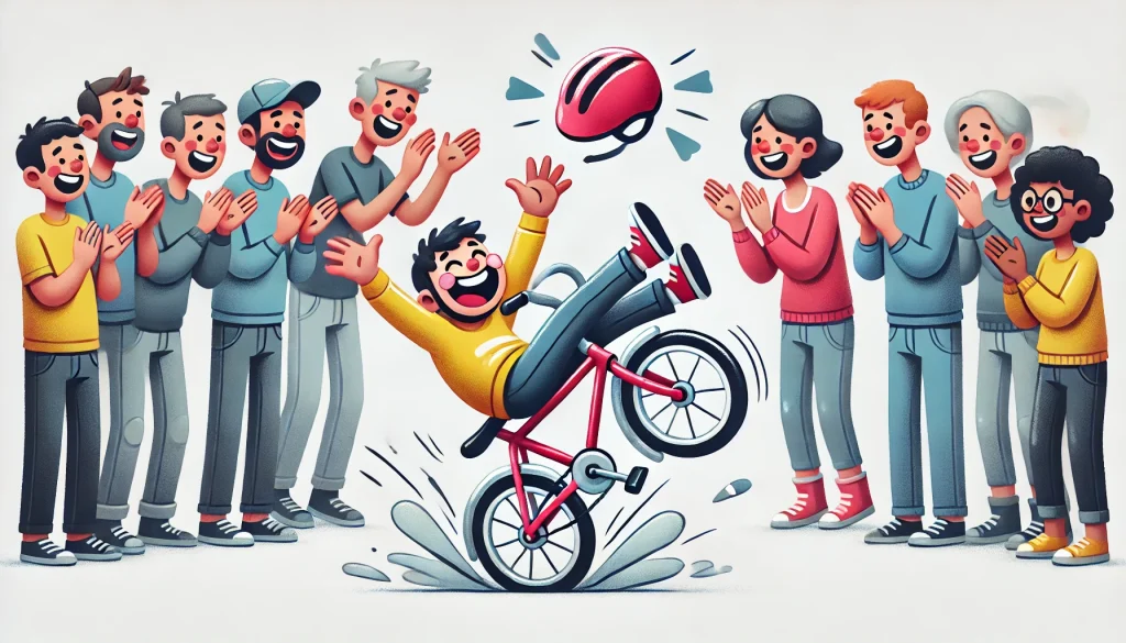 A fun illustration of a person laughing as they fall off a bicycle, with cartoonish exaggerations like a flying helmet and onlookers clapping encouragingly. The scene is lighthearted and emphasizes resilience and humor in failure.