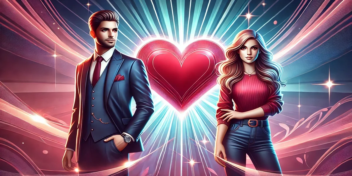 A vibrant and sophisticated digital art illustration featuring a large glowing red heart with soft light effects at the center. On each side of the heart, two stylish adults (a man and a woman) stand closer to the foreground, prominently positioned, wearing modern, clean-lined outfits, and smiling confidently. The background is a gradient of rich blues and soft pinks with glowing highlights and dynamic sparkles. The design is polished, modern, and uplifting. Aspect ratio is 16:9.