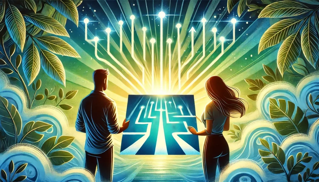 An illustration of a couple holding a glowing vision board or shared goal chart, with symbolic pathways behind them leading to a bright future, in inspiring greens and blues. The atmosphere is forward-looking and optimistic.