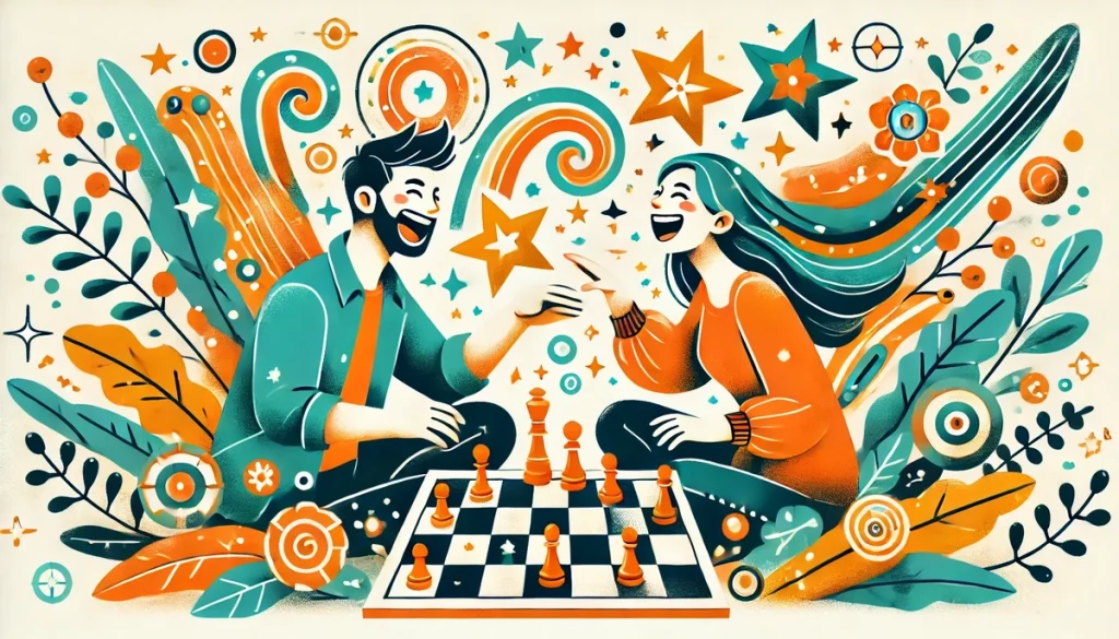 An illustration of a couple laughing together while engaging in a fun activity like a board game or dancing, surrounded by stars, bubbles, and cheerful patterns, in vibrant oranges, yellows, and teals. The scene is joyful and dynamic.