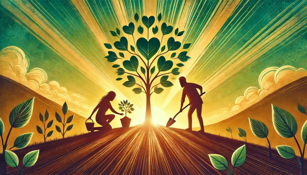 An illustration of a couple planting a tree with heart-shaped leaves, symbolizing growth and nurturing, set against a radiant sunrise and an earthy green and golden background. The scene feels hopeful and collaborative.