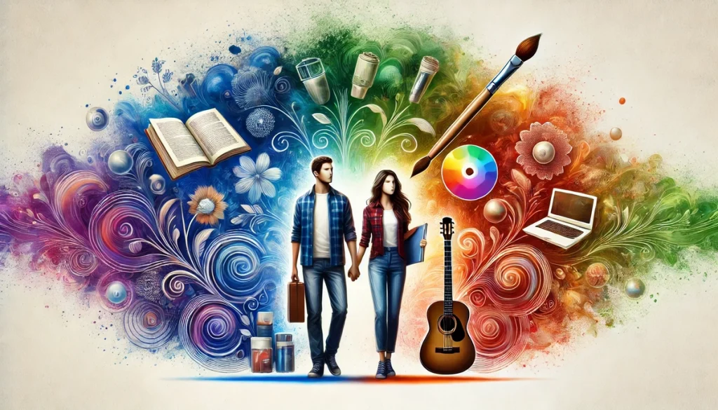 An illustration of a couple standing side by side, holding objects representing their hobbies (e.g., book, guitar, paintbrush), with colorful auras blending harmoniously around them. The scene conveys unity and individuality.