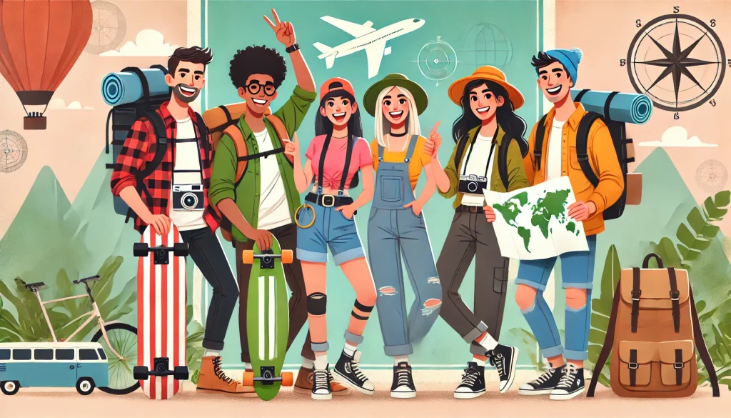 An illustration of a group of diverse friends with adventurous props like hiking gear, skateboards, and maps, standing together with excited and confident expressions. The background suggests a setting of exploration and camaraderie.