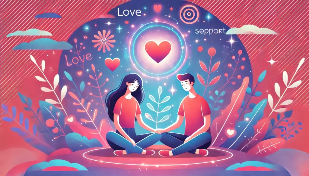 An illustration of a happy couple sitting together, surrounded by symbols of love and support like hearts, plants, and a glowing aura, with a vibrant pink and blue background. The atmosphere is warm and affectionate.