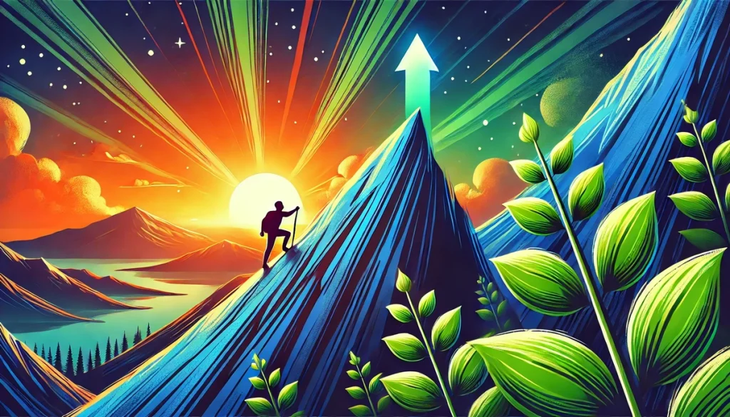 An illustration of a person climbing a mountain with a bright sunrise in the background, representing growth and potential, with vibrant greens, oranges, and blues. The mountain is steep but inspiring, and the atmosphere is filled with determination and hope.