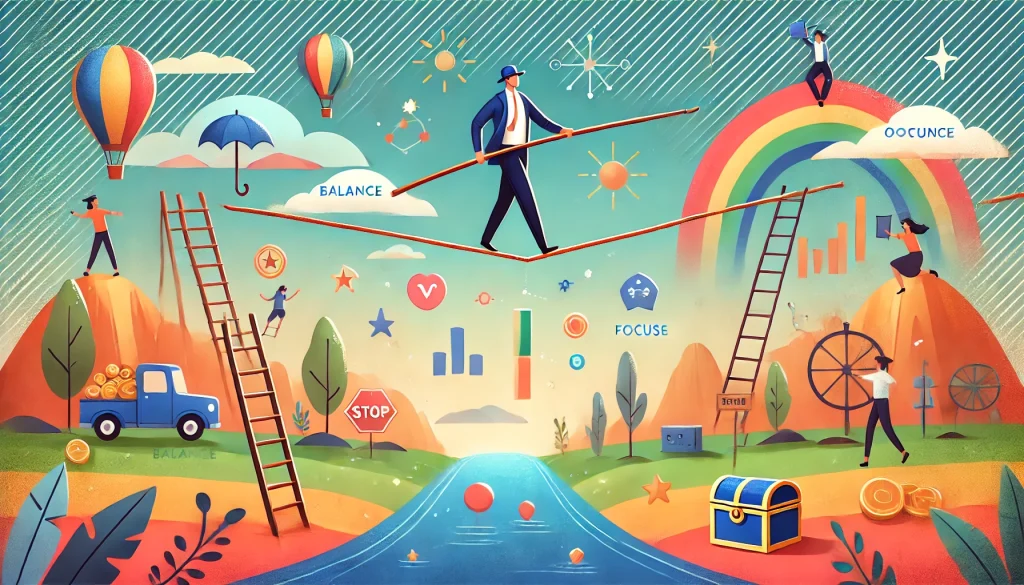 An illustration of a person confidently balancing on a tightrope over a colorful landscape filled with opportunities like ladders, treasure chests, and bridges. The scene highlights balance, focus, and potential.